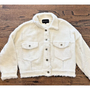 SHACI BLUE Ivory Fuzzy Trucker Sweater Jacket Oversized Distressed S Small 2655
